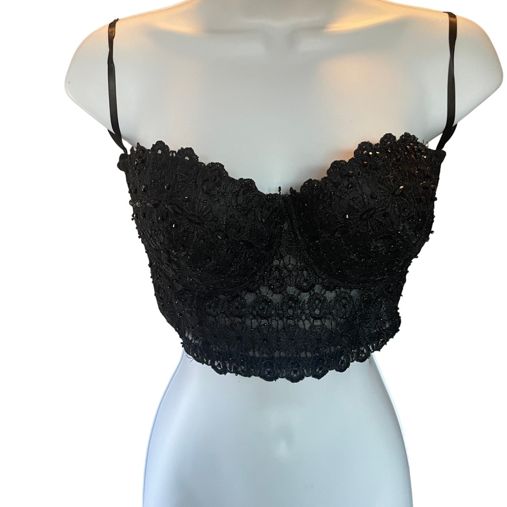 Womens Whimsigoth Black Lace Embellished Bustier Corset Top Size M Goth‎ Rave